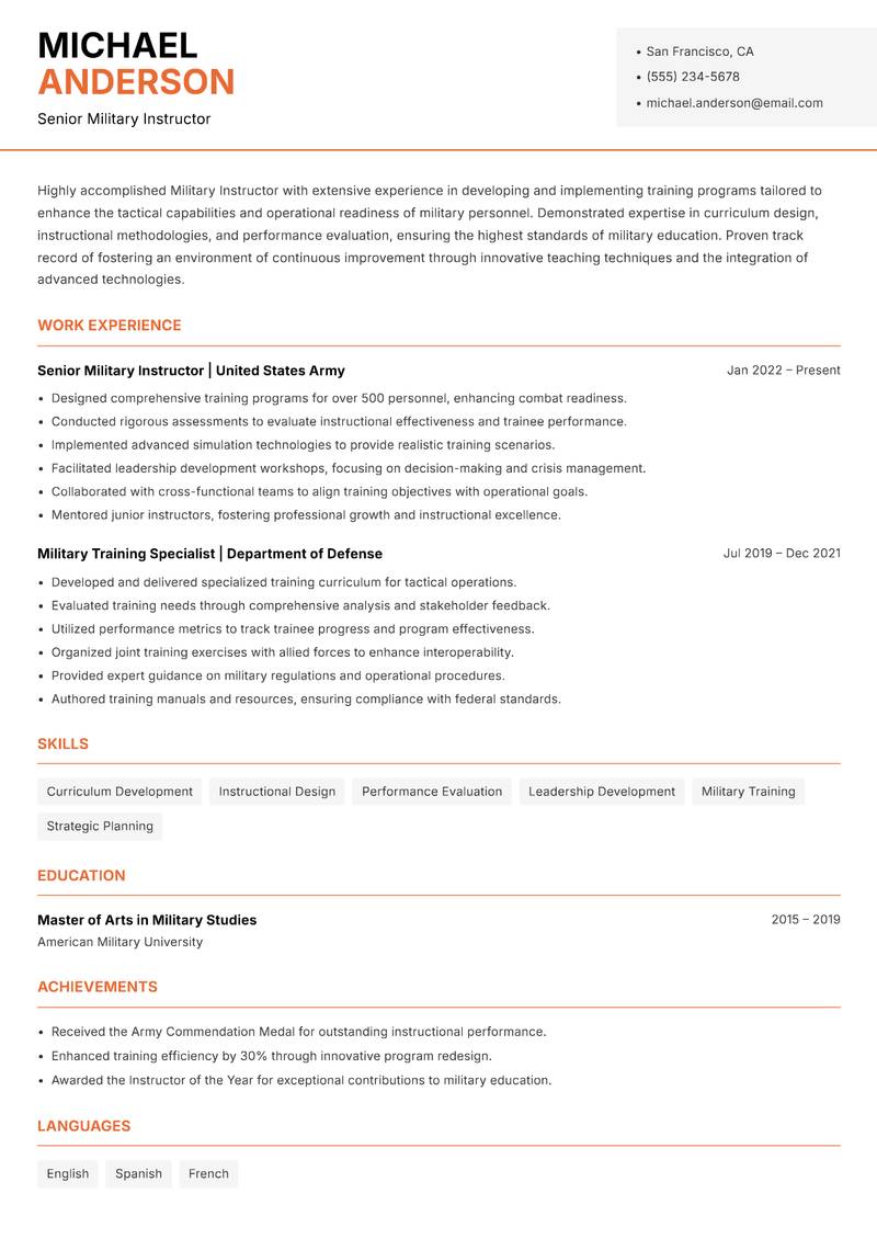 Military Instructor Resume Template