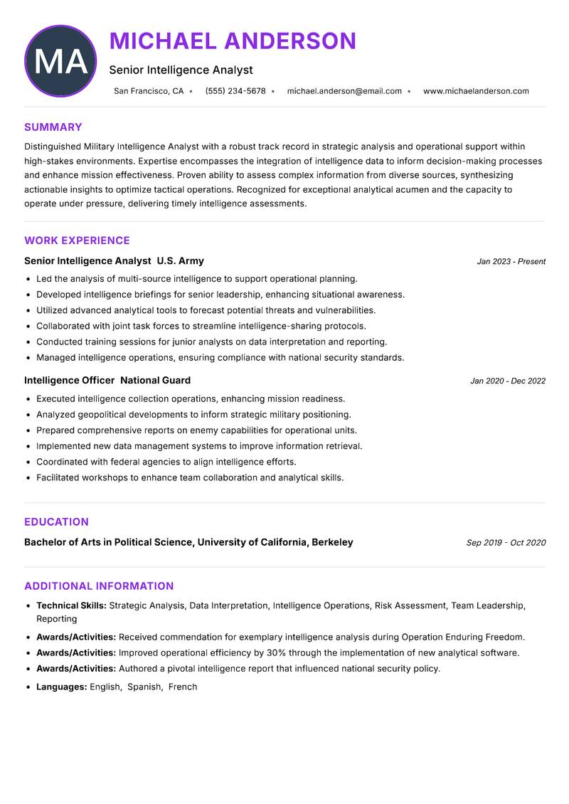Military Intelligence Analyst Resume Preview Example