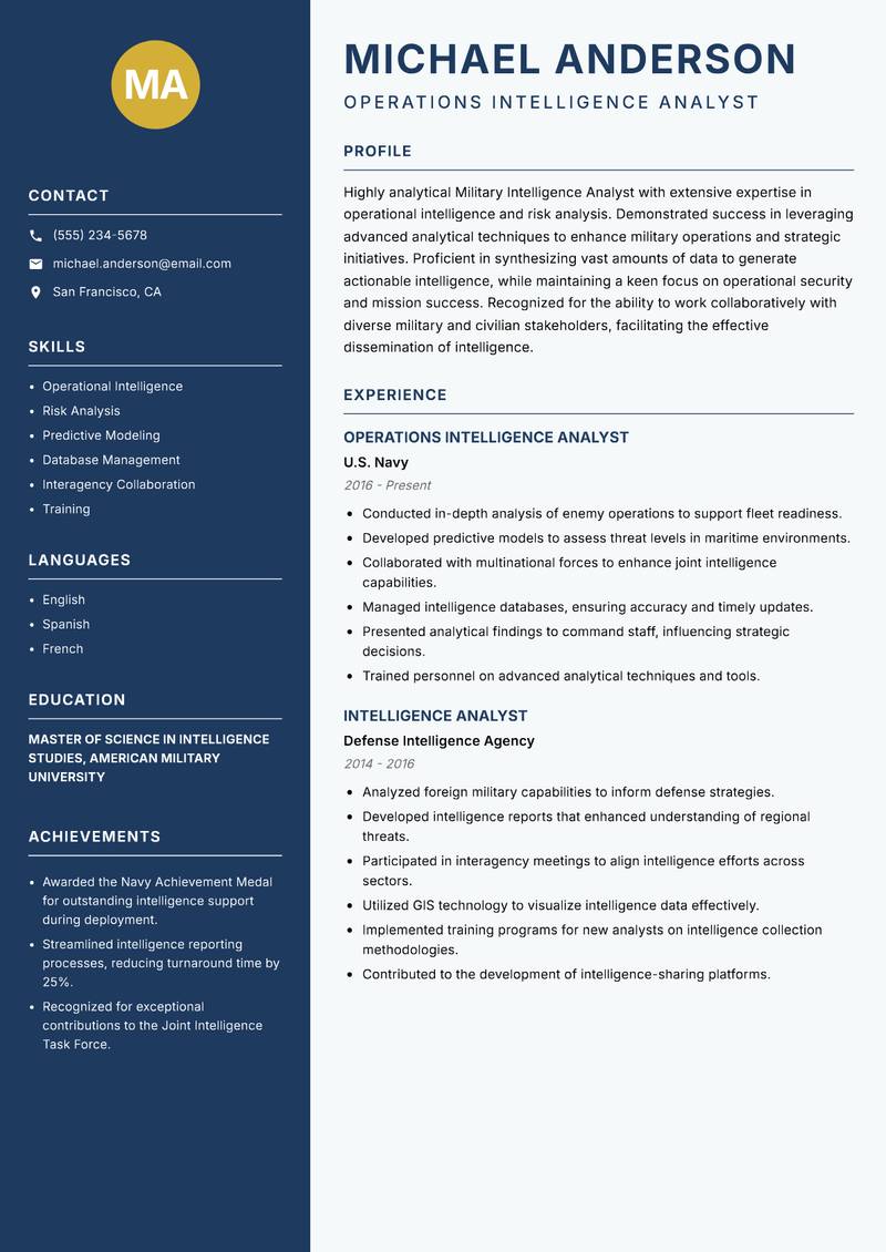 Military Intelligence Analyst Resume Preview Example
