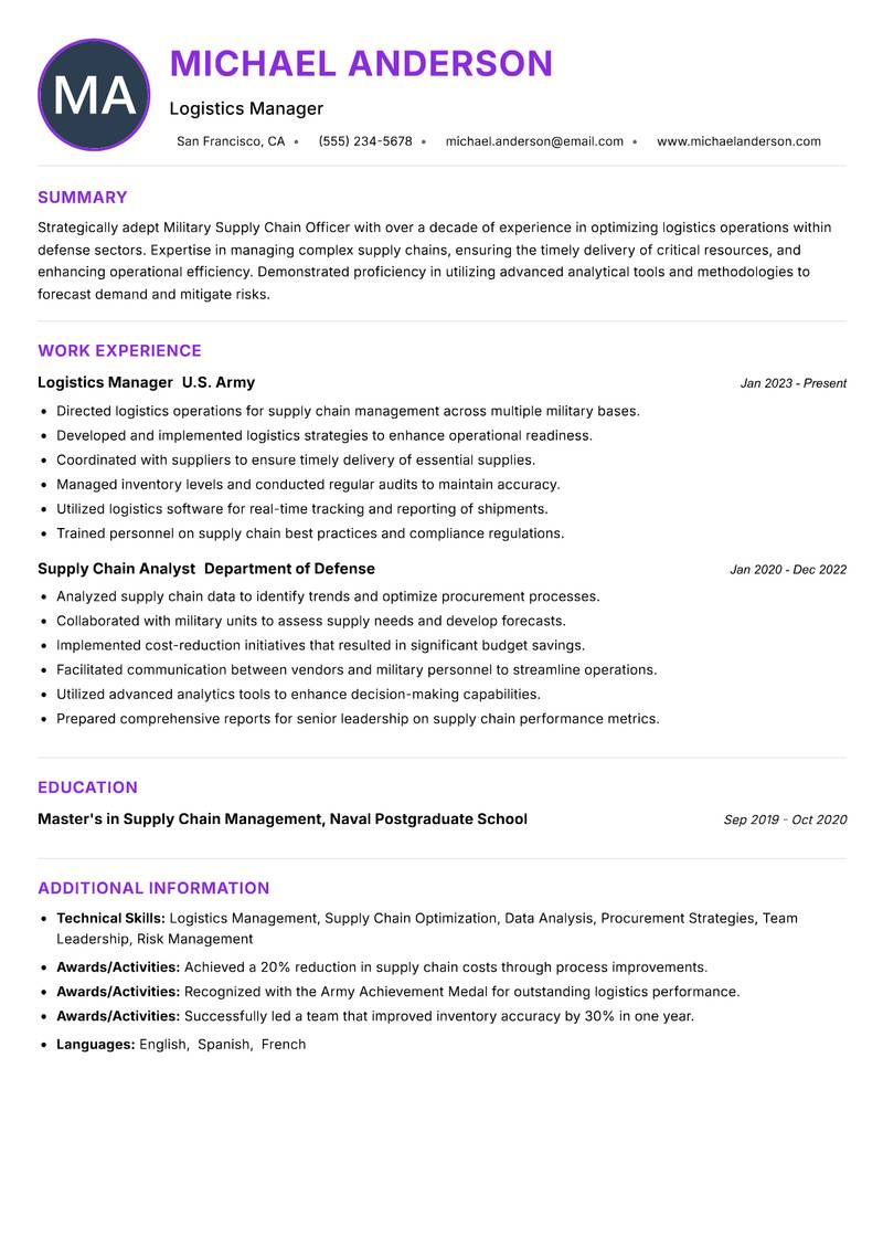 Military Supply Chain Officer Resume Preview Example