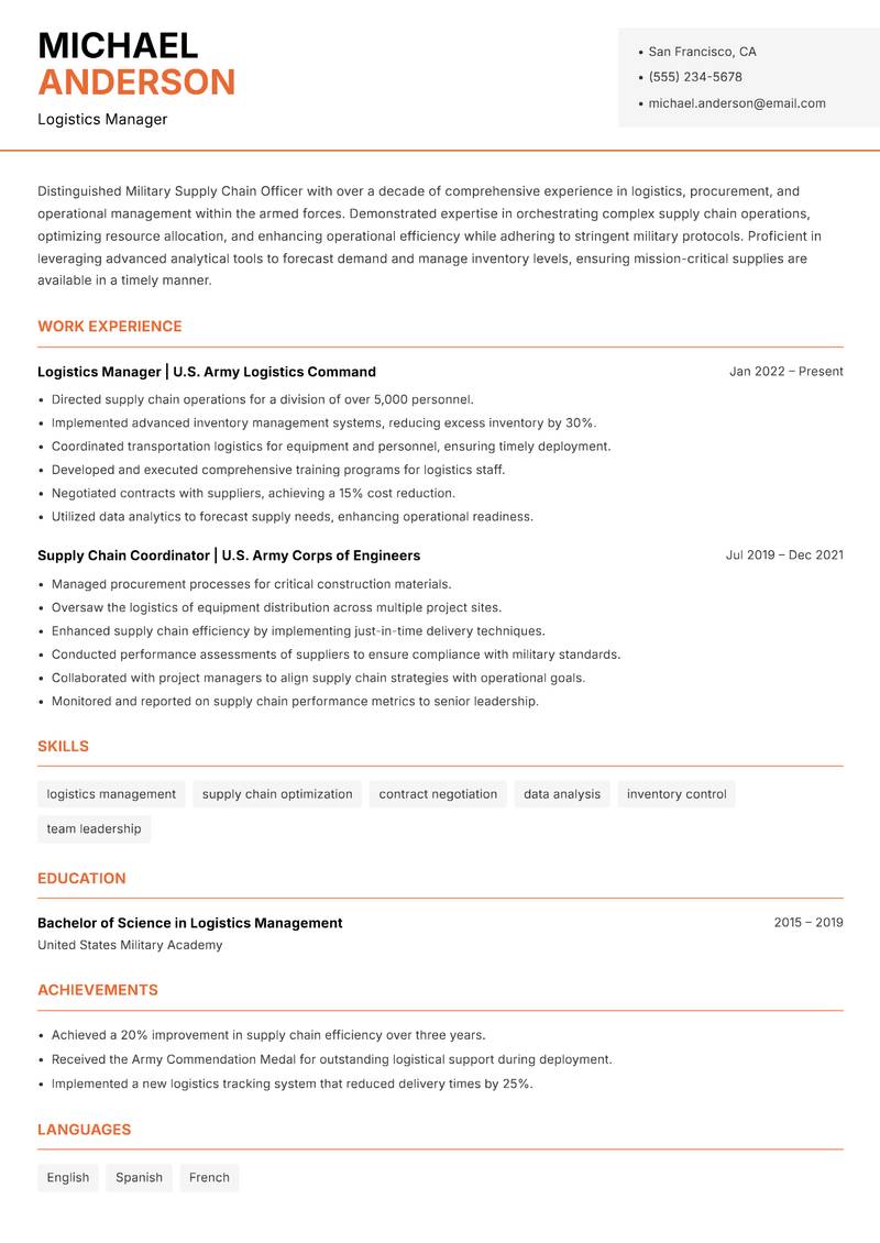 Military Supply Chain Officer Resume Template