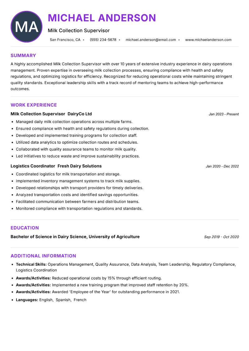 Milk Collection Supervisor Resume Preview Example