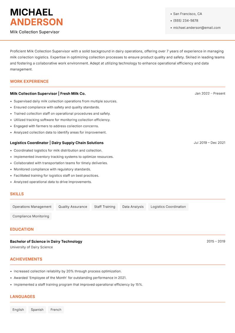 Milk Collection Supervisor Resume Template
