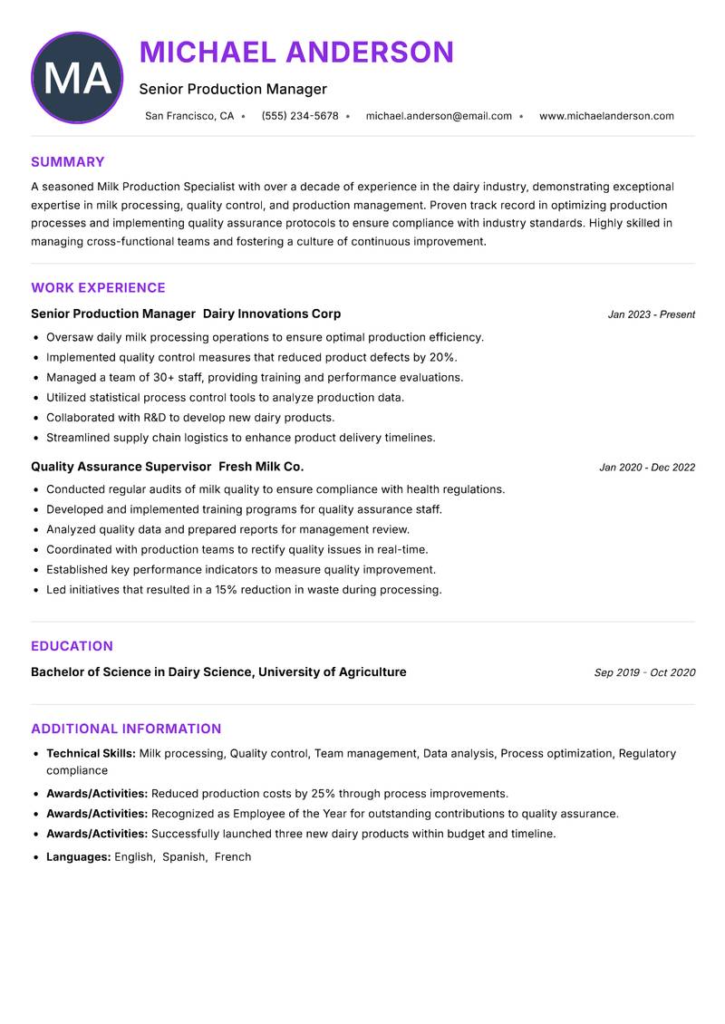 Milk Production Specialist Resume Preview Example