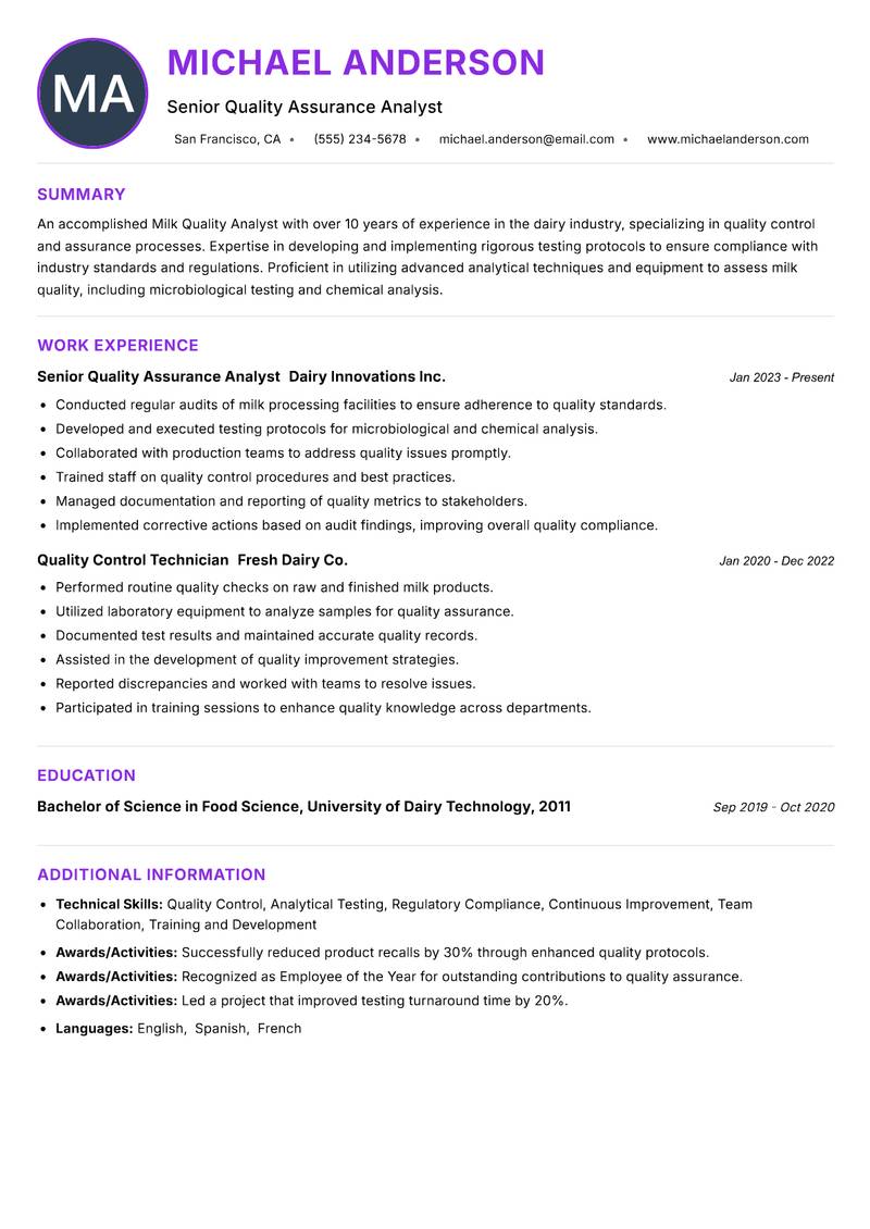 Milk Quality Analyst Resume Preview Example