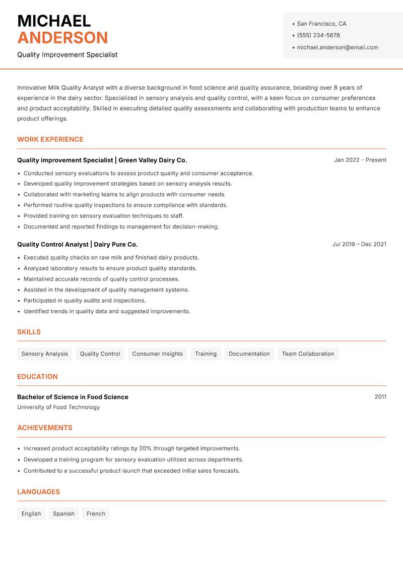 Milk Quality Analyst Resume Template