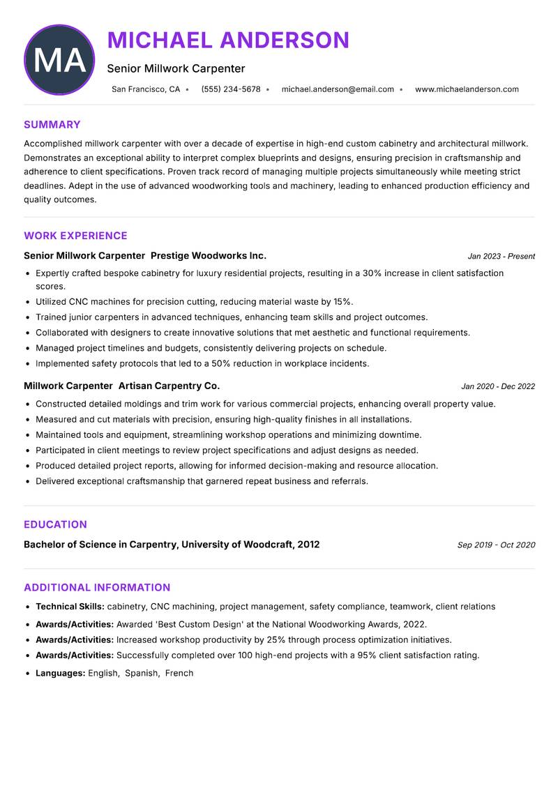 Millwork Carpenter Resume Preview Example