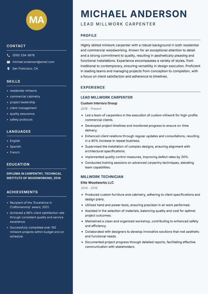Millwork Carpenter Resume Preview Example