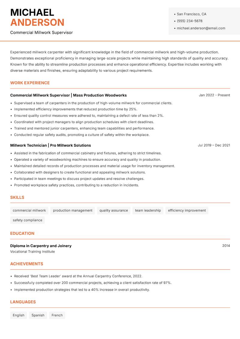 Millwork Carpenter Resume Template