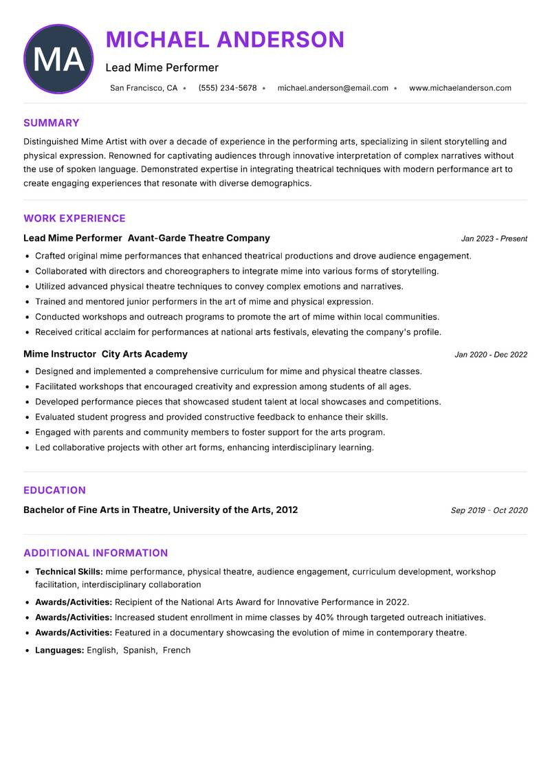 Mime Artist Resume Preview Example