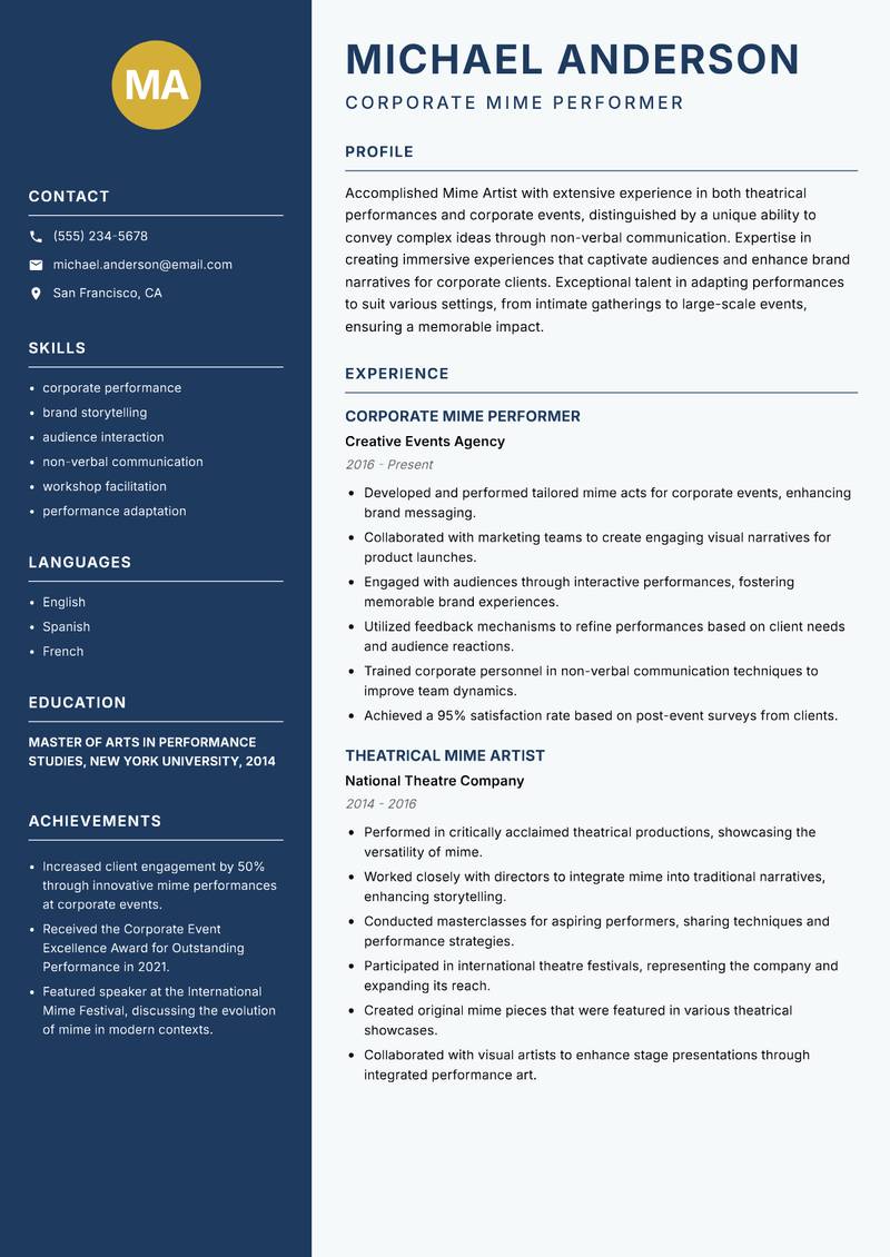 Mime Artist Resume Preview Example