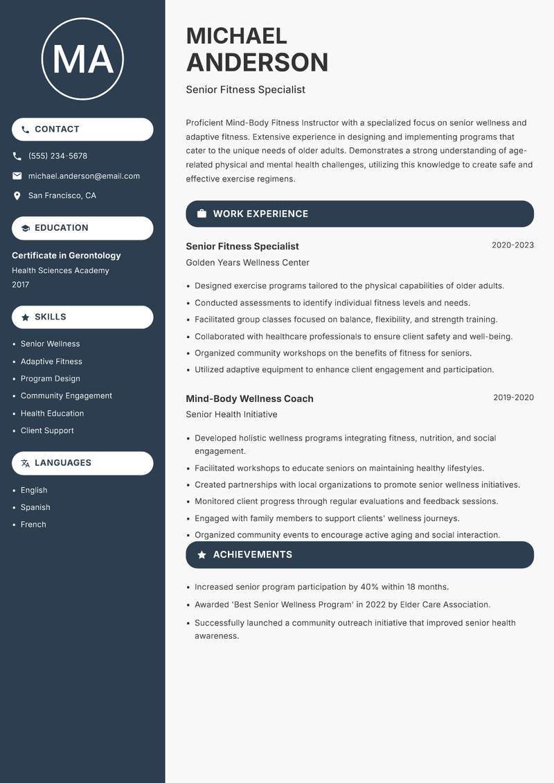 Mind-Body Fitness Instructor Resume Preview Example