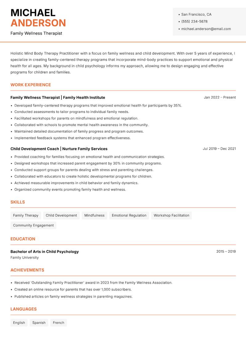 Mind Body Therapy Practitioner Resume Template