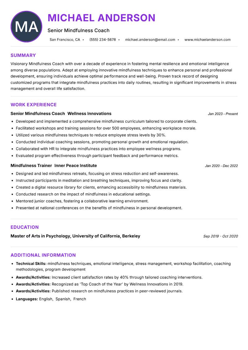 Mindfulness Coach Resume Preview Example