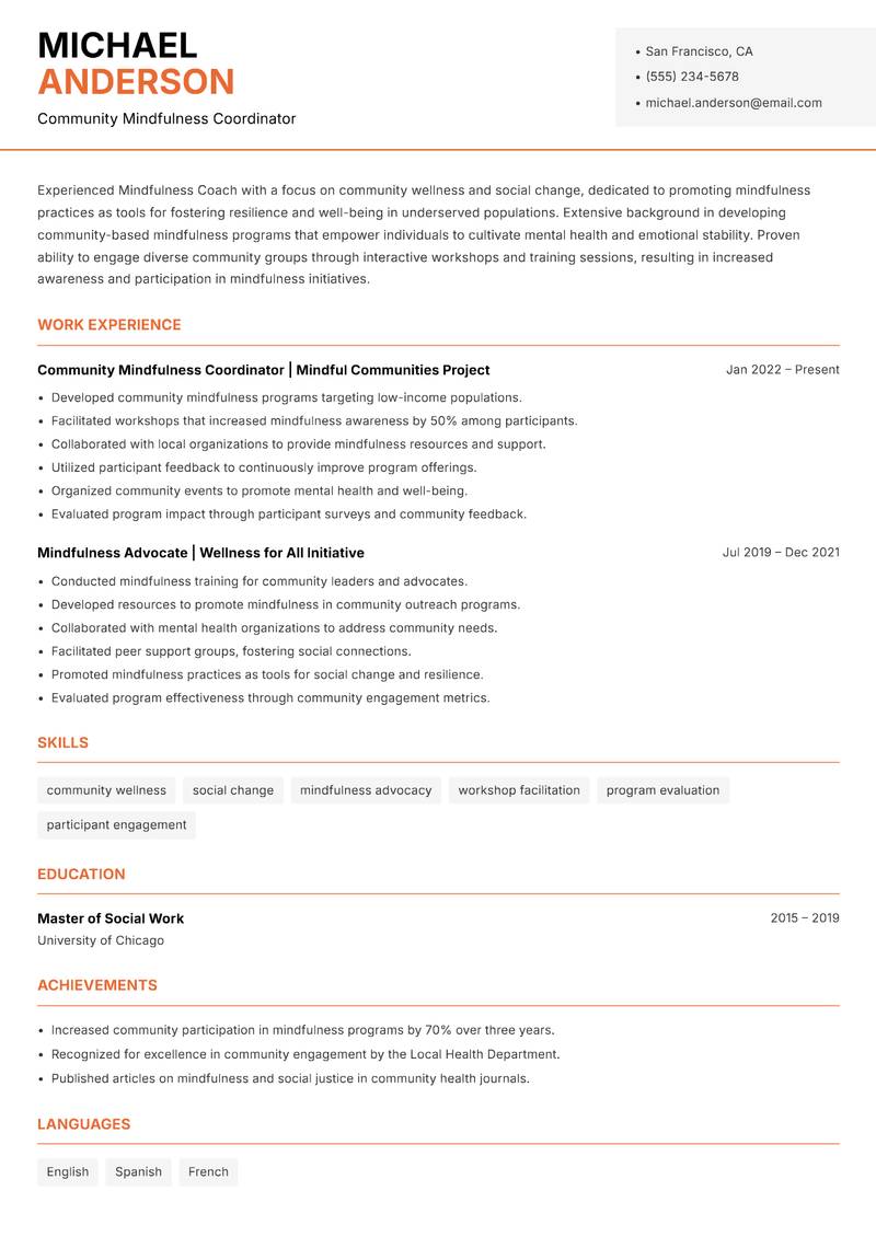 Mindfulness Coach Resume Template
