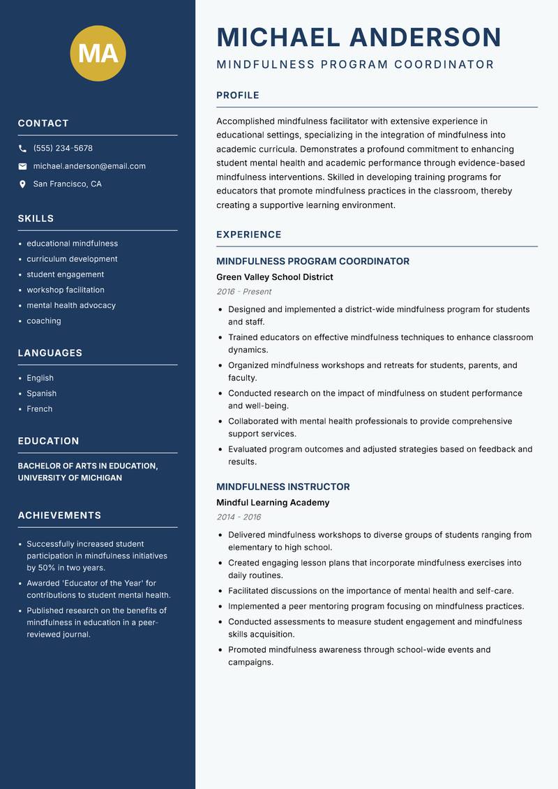 Mindfulness Facilitator Resume Preview Example