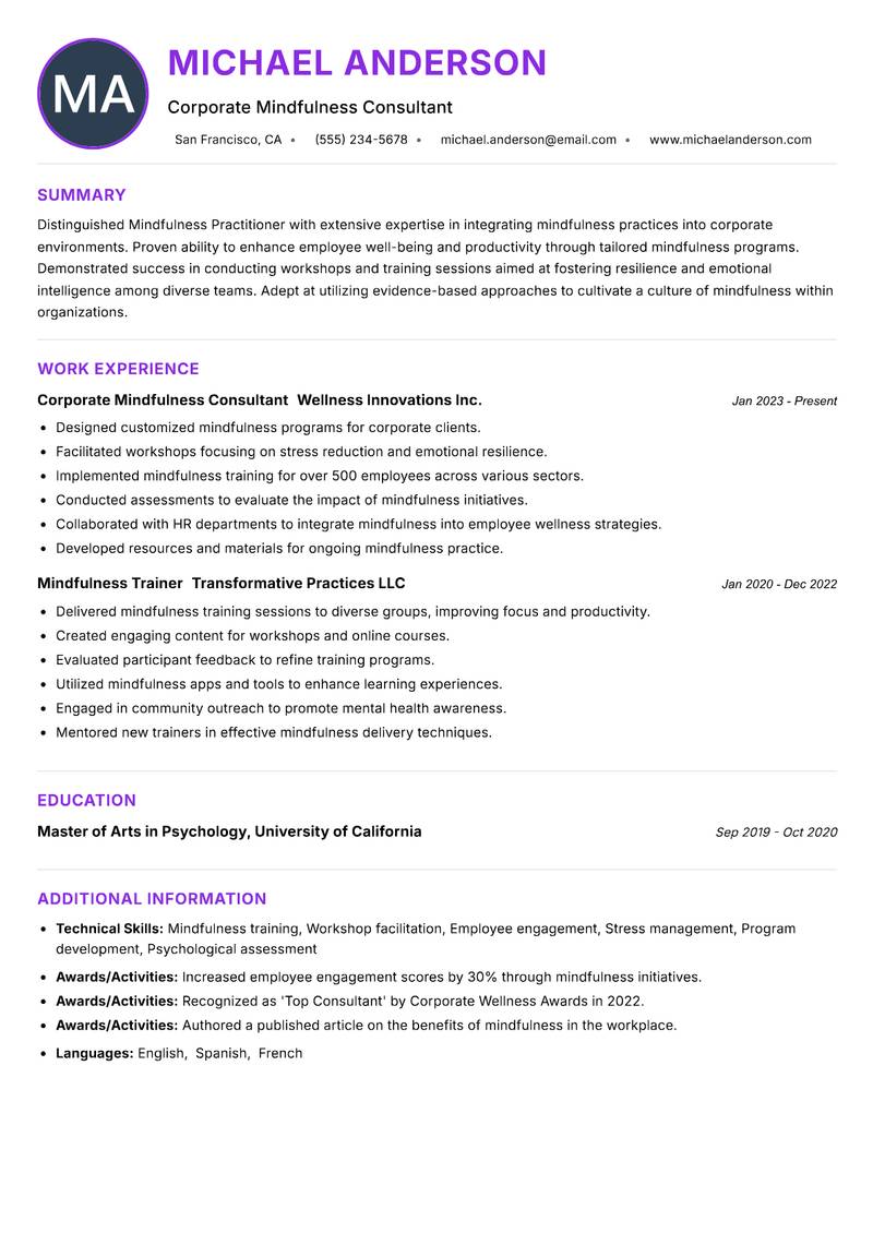 Mindfulness Practitioner Resume Preview Example
