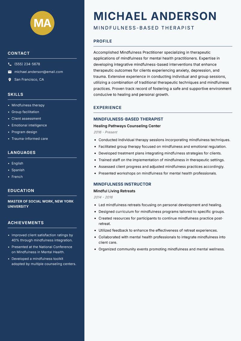 Mindfulness Practitioner Resume Preview Example