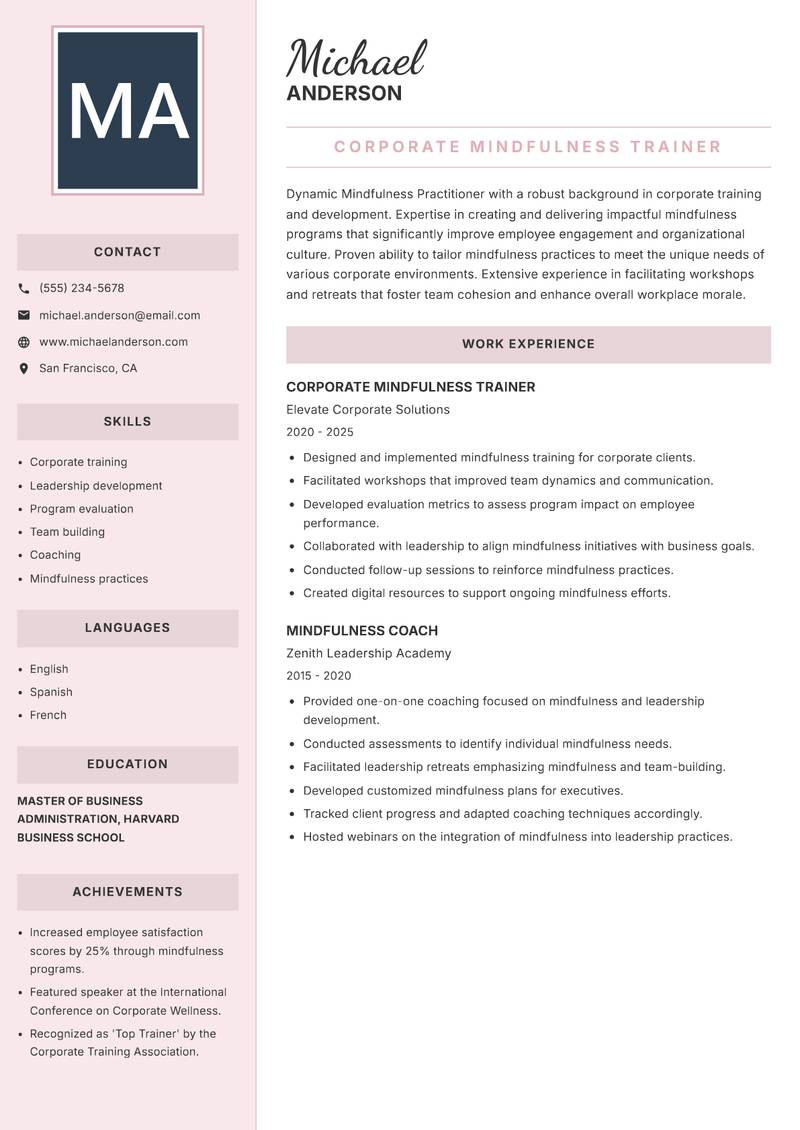 Mindfulness Practitioner Resume Preview Example
