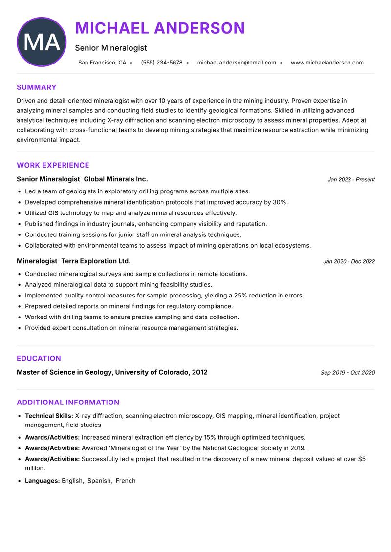 Mineralogist Resume Preview Example
