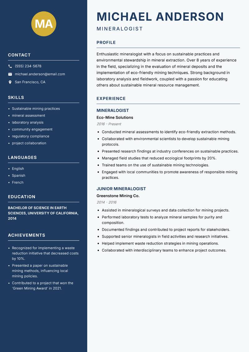 Mineralogist Resume Preview Example