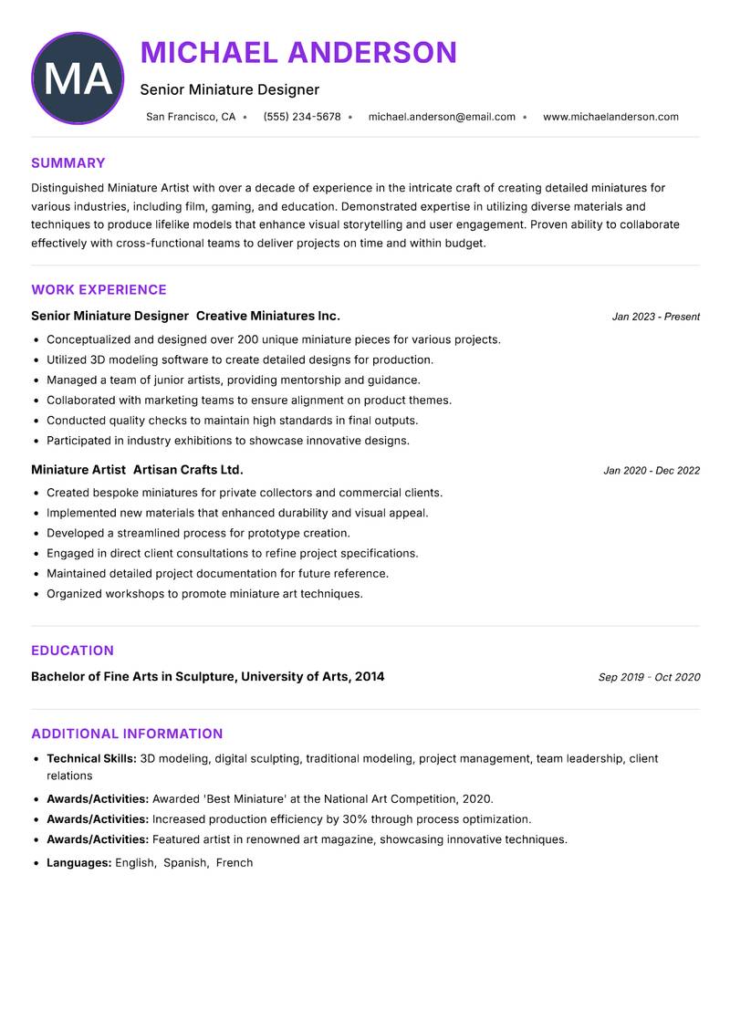 Miniature Artist Resume Preview Example