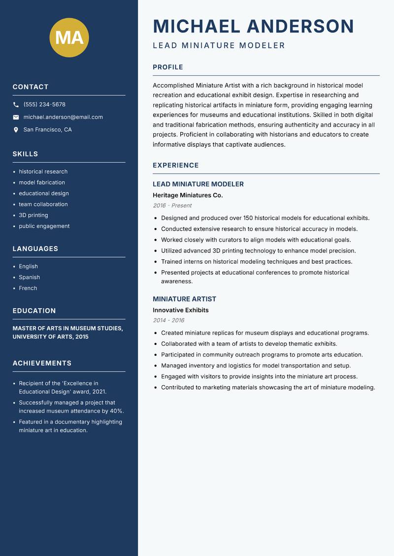 Miniature Artist Resume Preview Example