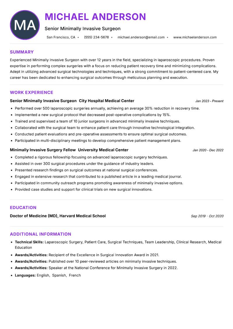 Minimally Invasive Surgeon Resume Preview Example