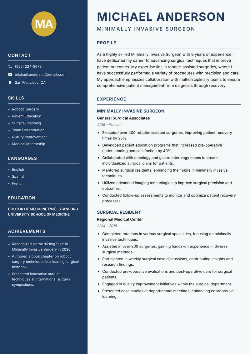 Minimally Invasive Surgeon Resume Preview Example
