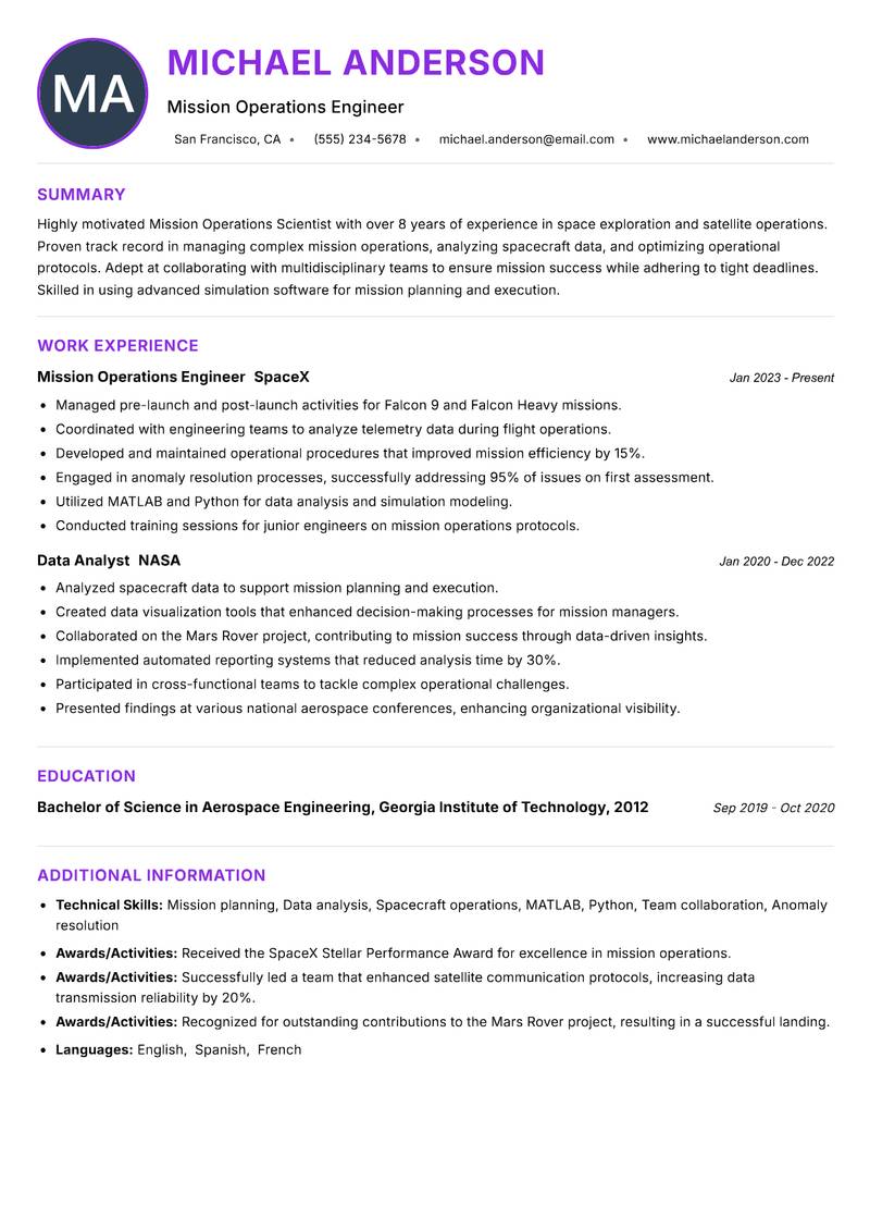 Mission Operations Scientist Resume Preview Example