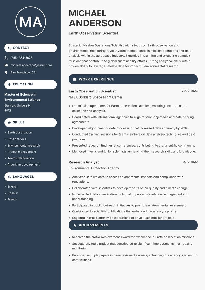 Mission Operations Scientist Resume Preview Example