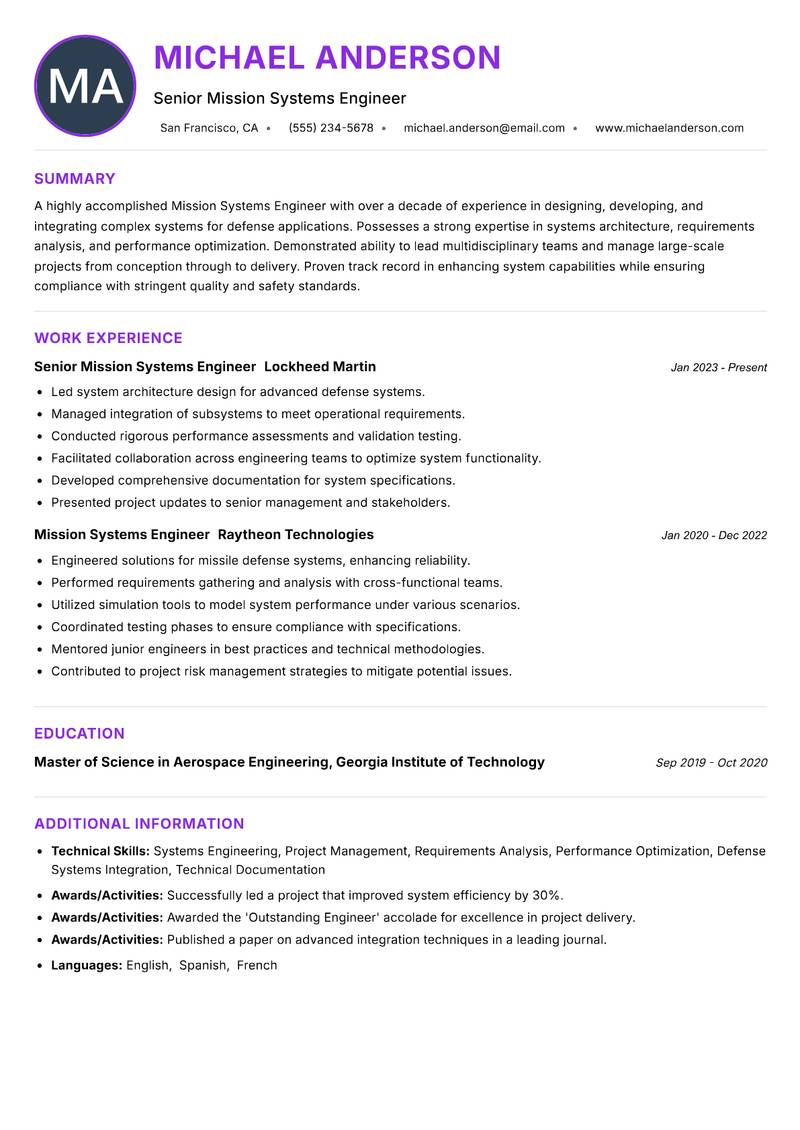 Mission Systems Engineer Resume Preview Example