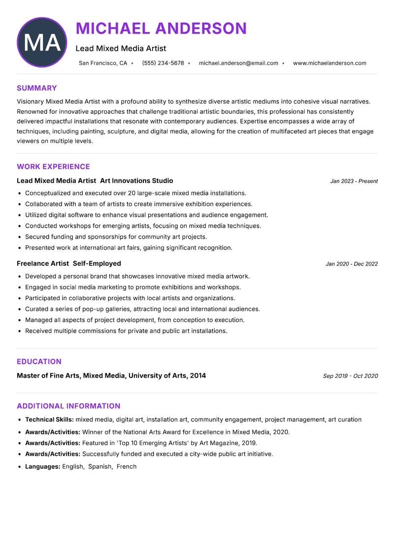 Mixed Media Artist Resume Preview Example