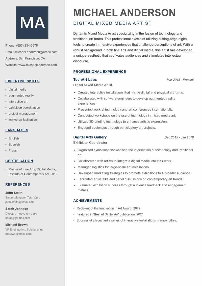 Mixed Media Artist Resume Preview Example