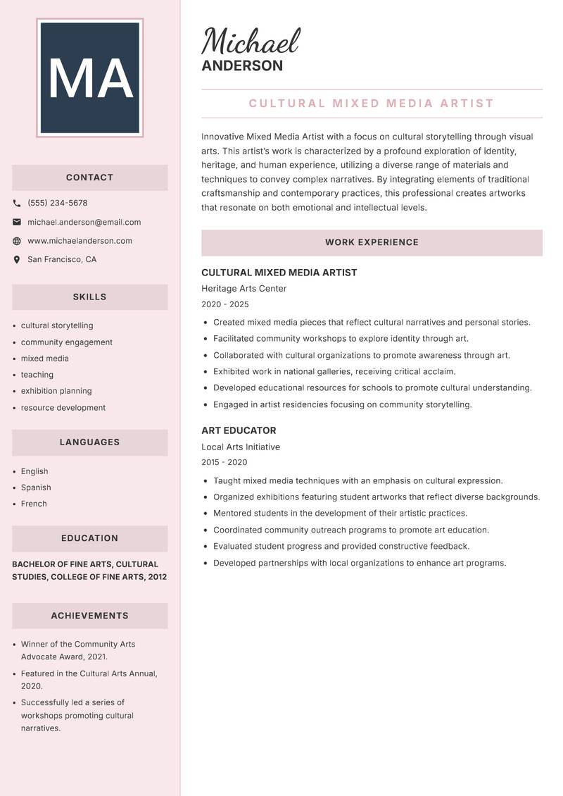 Mixed Media Artist Resume Preview Example