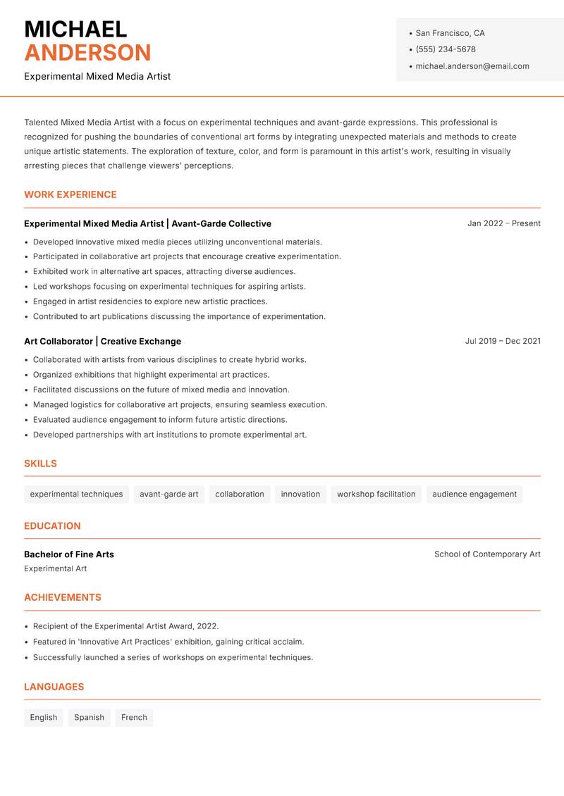 Mixed Media Artist Resume Template