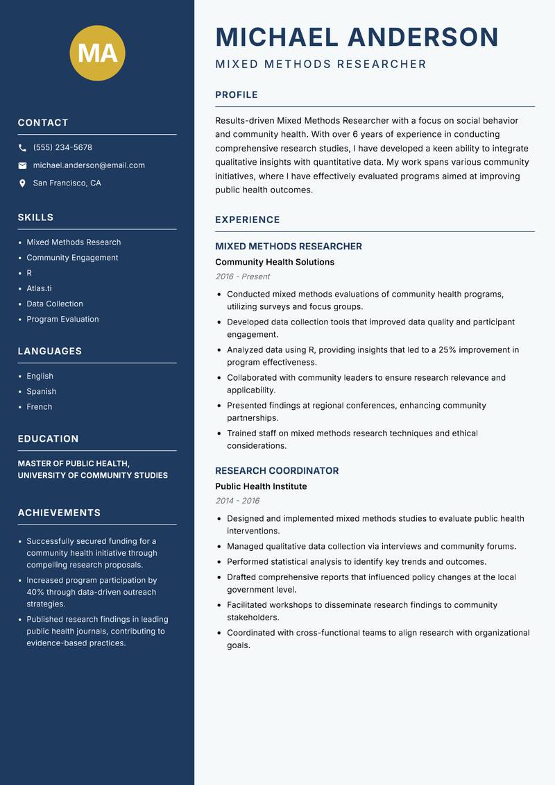 Mixed Methods Researcher Resume Preview Example