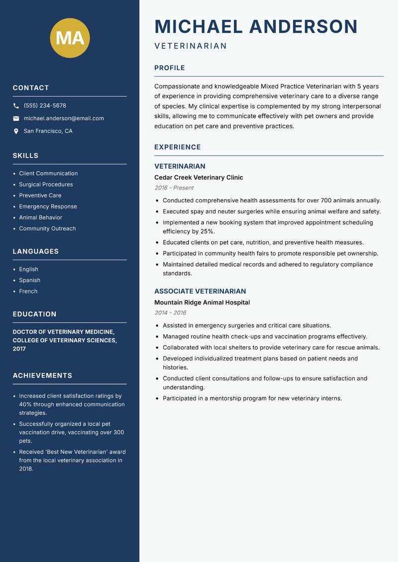 Mixed Practice Veterinarian Resume Preview Example