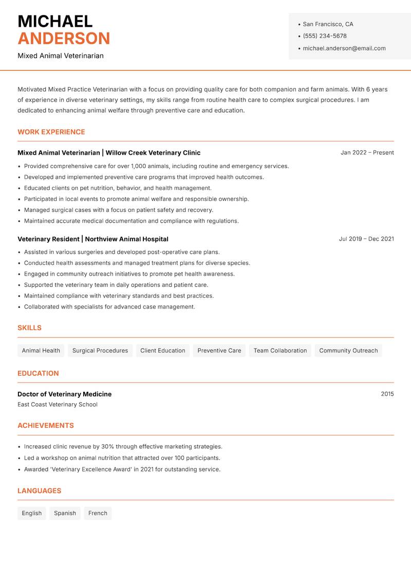 Mixed Practice Veterinarian Resume Template