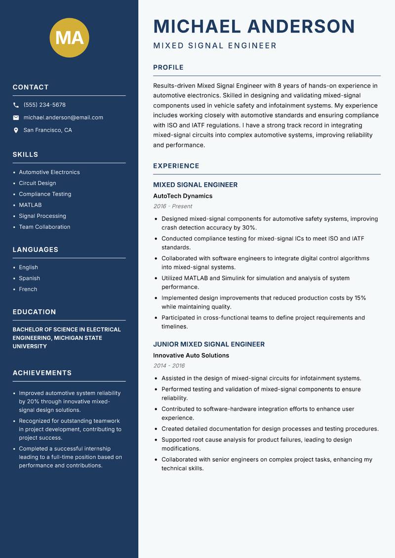 Mixed Signal Engineer Resume Preview Example