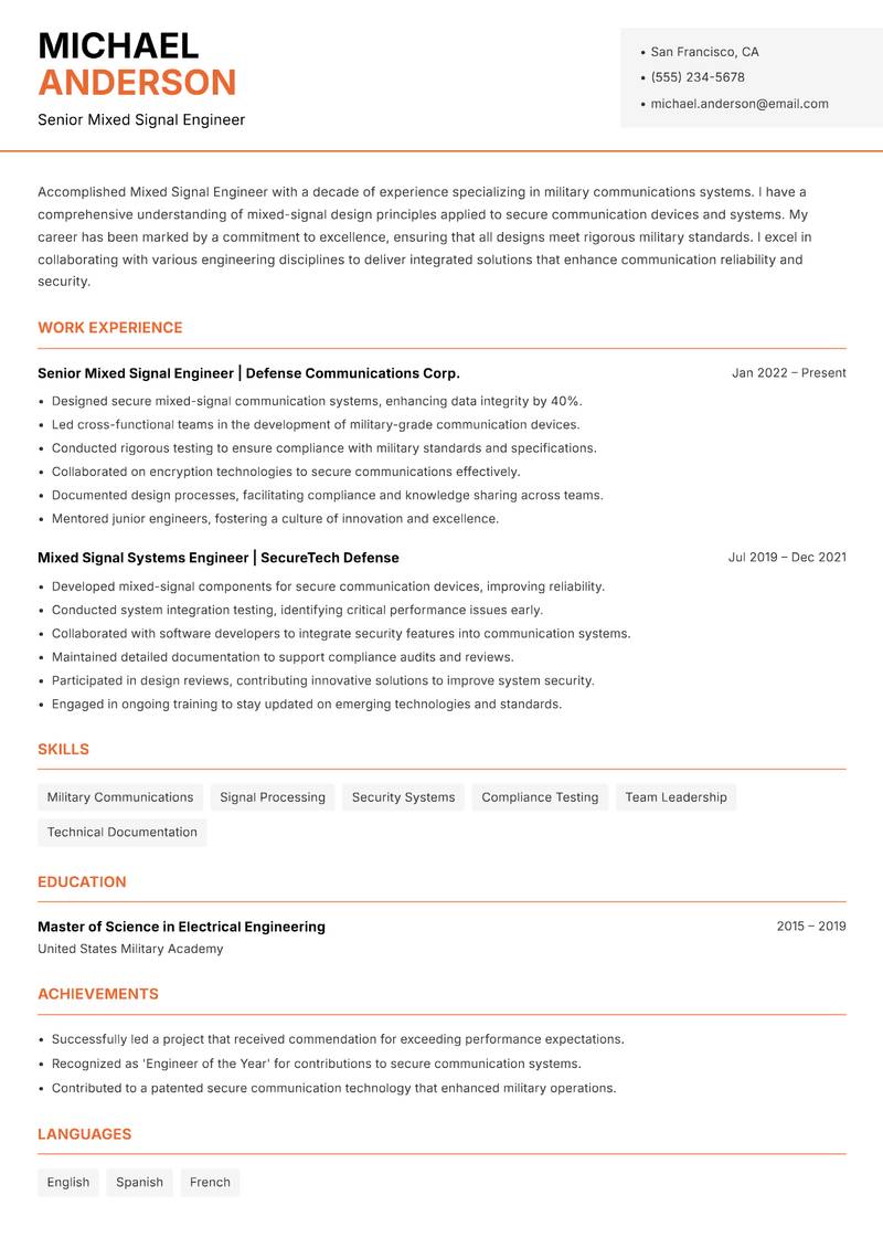 Mixed Signal Engineer Resume Template
