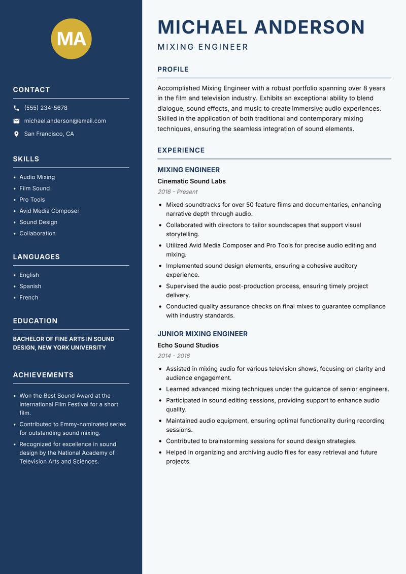 Mixing Engineer Resume Preview Example