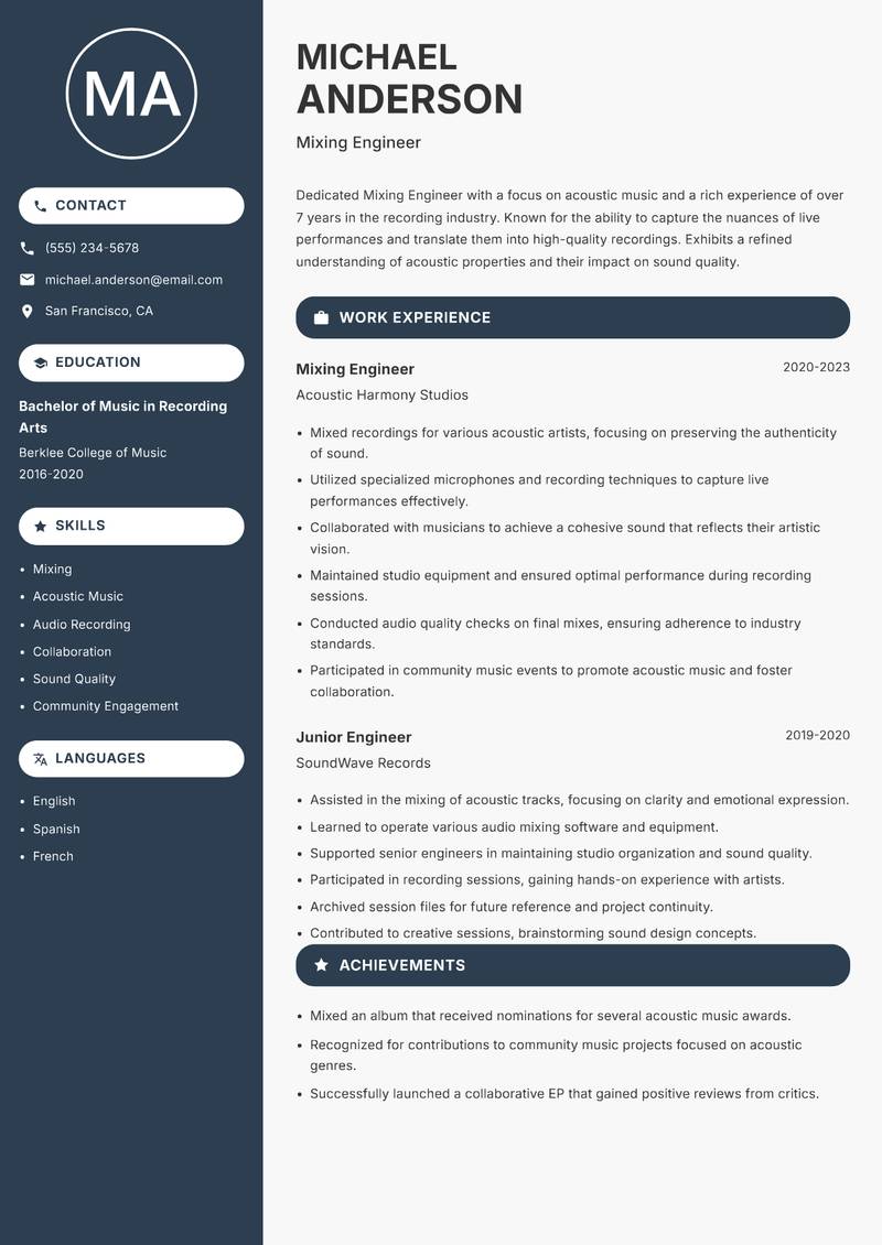 Mixing Engineer Resume Preview Example