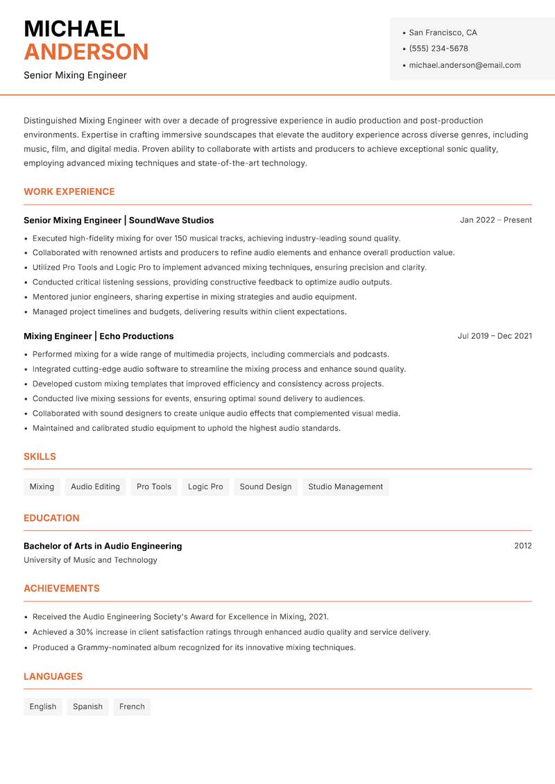 Mixing Engineer Resume Template