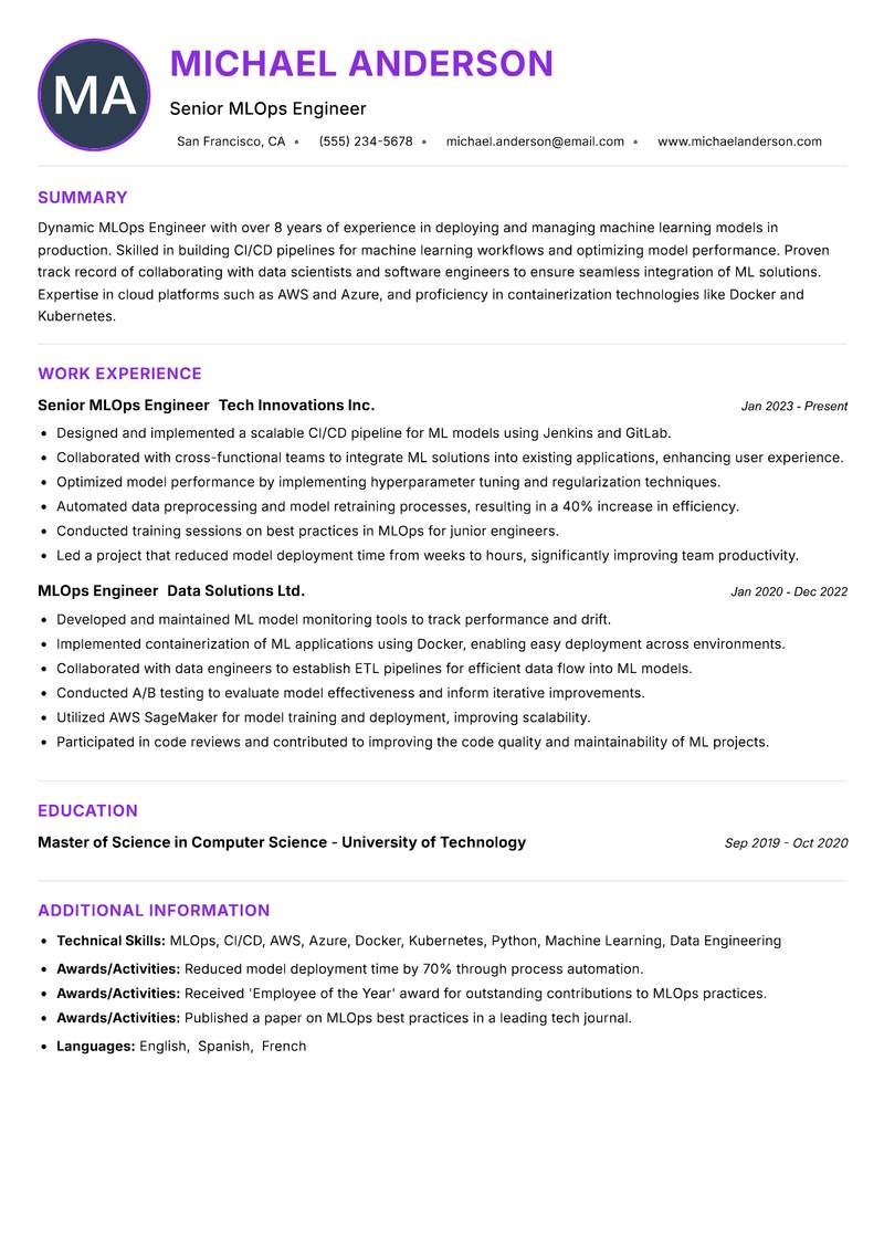 MLOps Engineer Resume Preview Example