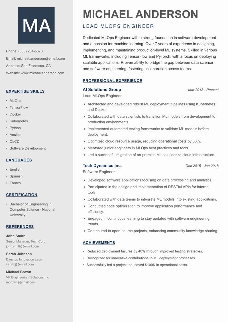 MLOps Engineer Resume Preview Example