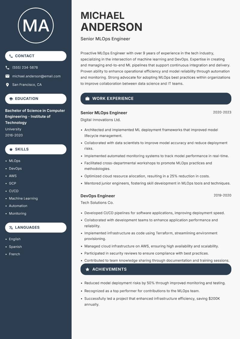MLOps Engineer Resume Preview Example