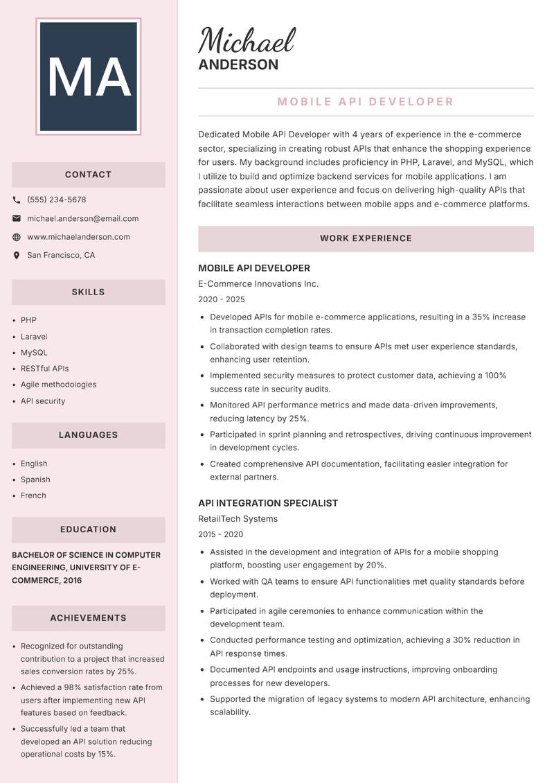 Mobile API Developer Resume Preview Example