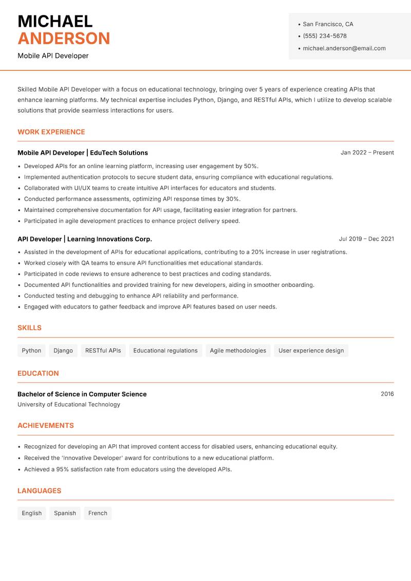 Mobile API Developer Resume Template