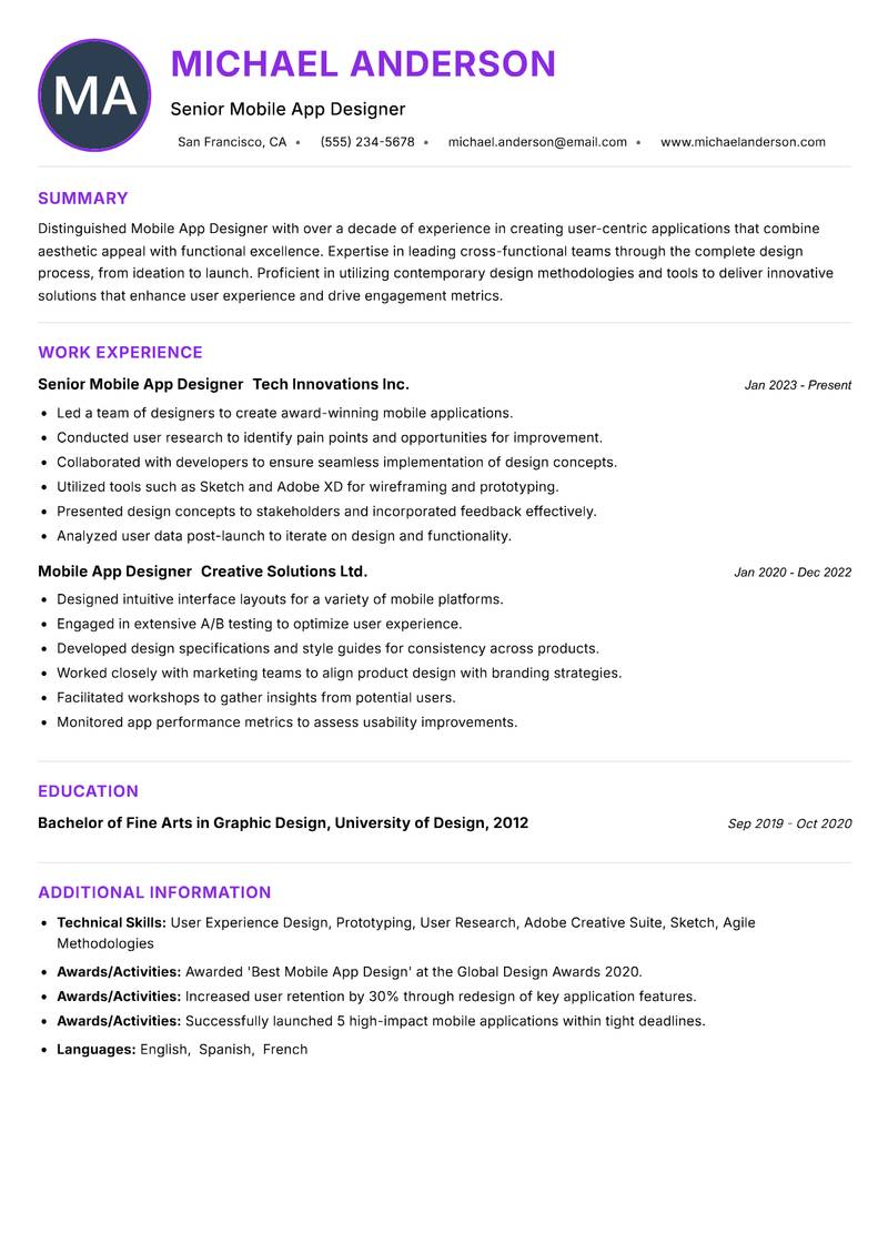 Mobile App Designer Resume Preview Example